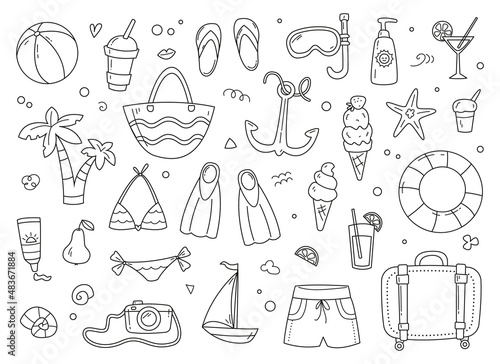 Summer vacation set, wardrobe items for traveling and relaxing on the beach. Linear drawing, coloring book. Vector illustration in cartoon childish style. Isolated funny clipart. cute print