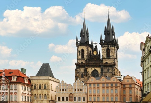 central square of the old town of Prague with the palace of the town hall - touristic postcard for a wallpaper
