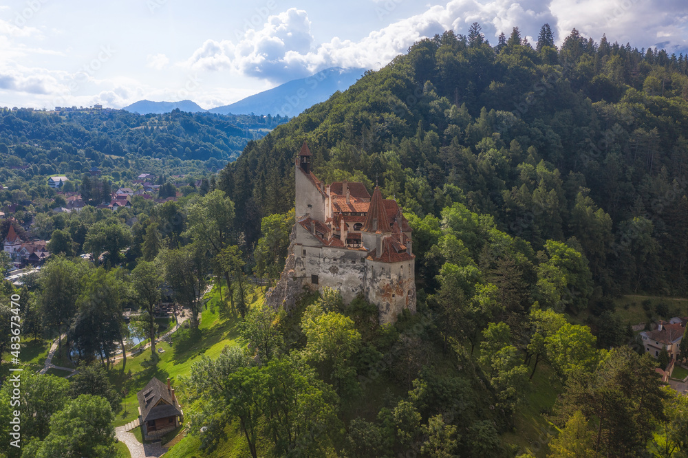 Attractive antique location with majestic Dracula castle on the high cliffs, Bran, Transylvania, Romania, Europe