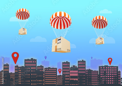 Address delivery of parcels. Courier delivery to door concept. Address delivery from online store. Parcels with parachutes over city. Cardboard boxes with address stickers. 3d rendering.