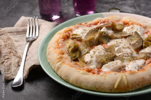 Italian pizza with mozzarella, tomato and artichokes on gray background #483674486