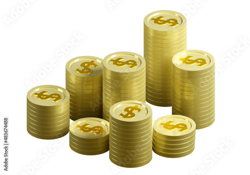 Stacks of gold coins. Golden coins on white. Concept of wealth and well-being. Dollar gold money. Coins isolated on white background. Receiving inheritance income. Economic wealth. 3d rendering.