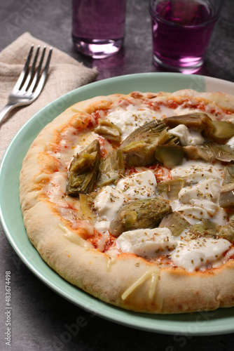 Italian pizza with mozzarella, tomato and artichokes on gray background #483674498