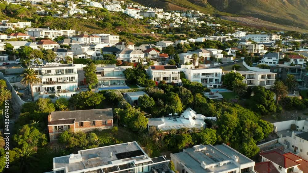 Luxurious Hotels And Villas At The Waterfront Of Bakoven Beach In Cape Town, South Africa. Aerial Drone Luxurious Hotels And Villas At The Waterfront Of Bakoven Beach In Cape Town, South Africa. Aerial Drone