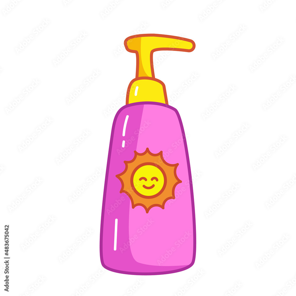 Sun cream or after sun cream in a pink tube with a contour. Vector illustration in cartoon childish style. Isolated funny clipart on white background. cute print. Sun cream or after sun cream in a pink tube with a contour. Vector illustration in cartoon childish style. Isolated funny clipart on white background. cute print.