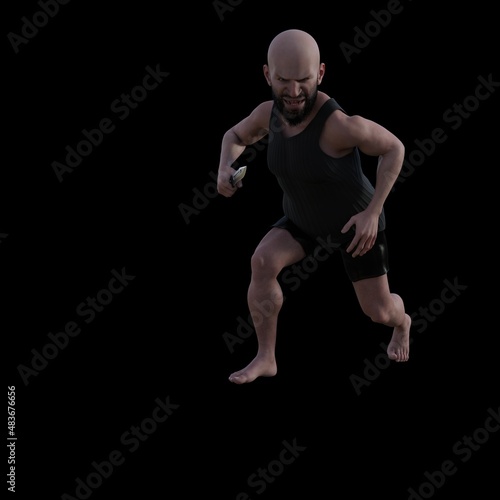 adult man with a bald spot and a beard on a white background, a criminal from a knife in his hand. 3D illustration of a dangerous criminal