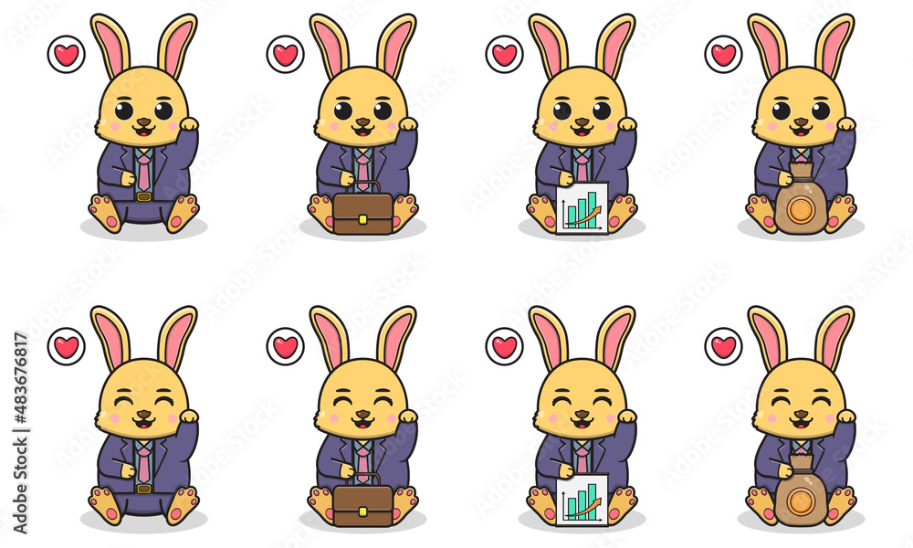 Vector Illustration of Cute Rabbit with Businessman costume siting and hand up pose. Set of cute smile Bunny characters. Flat icons in cartoon style. Vector Illustration of Cute Rabbit with Businessman costume siting and hand up pose. Set of cute smile Bunny characters. Flat icons in cartoon style.