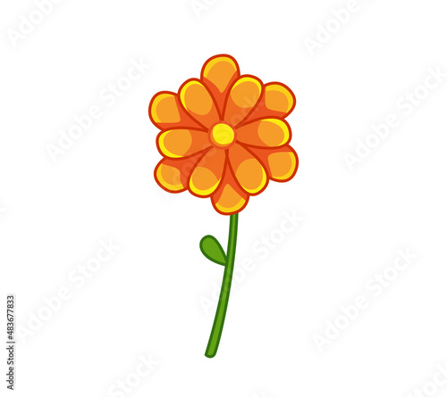 Beautiful lush orange chamomile flower. Vector illustration in cartoon childish style. Isolated funny clipart on white background. Beautiful floral print.