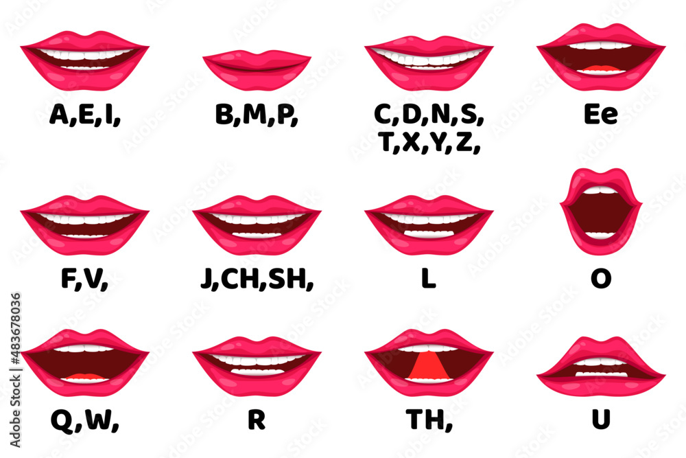 Cute beautiful female lip sync collection for animation mouth animation  phoneme mouth chart alphabet pronunciation Stock Vector | Adobe Stock