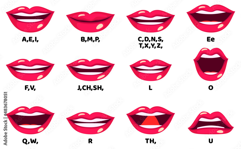 Fototapeta: Beautiful female lip sync collection for mouth animation  phoneme mouth chart alphabet pronunciation #483678051 '