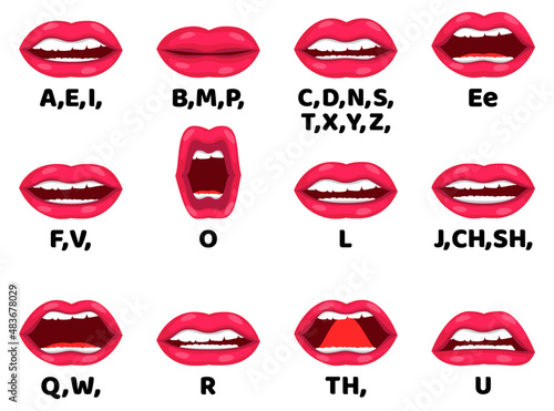 Cute beautiful female lip sync collection for animation mouth animation phoneme mouth chart alphabet pronunciation isolated