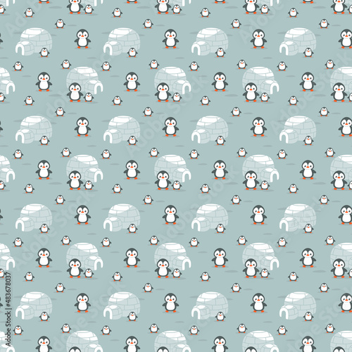 Seamless pattern with houses of penguins and igloos among ice floes and arctic snows. Vector illustration in minimalistic flat style, hand-drawn. Christmas print for textiles.