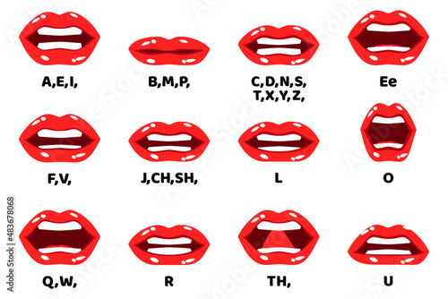 Female lip sync collection for mouth animation phoneme mouth chart alphabet pronunciation