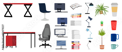 Home office elements and equipment's with chair table pc computer laptop and with some paper pile file folders with plants coffee mug and table lamp
