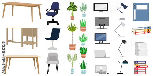 Home office elements and equipment's with chair table pc computer laptop and with some paper pile file folders and plants