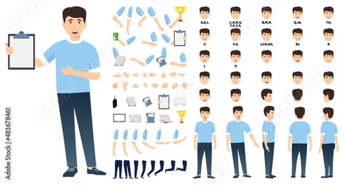 Beautiful male character set front, side, back view animated character creation set with various views, face emotions, poses and gestures lip sync for mouth animation posing