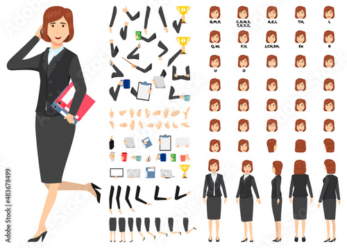 Businesswoman character set front, side, back view animated character creation set with various views, face emotions, poses and gestures lip sync for mouth animation