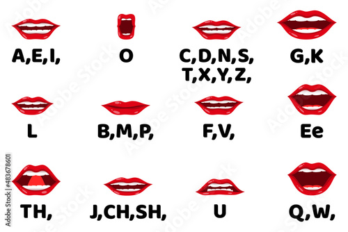 Cute female lip sync collection for mouth animation phoneme mouth chart alphabet pronunciation isolated on white background