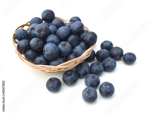 composition from a fresh bow blueberry in basket on the white isolated background