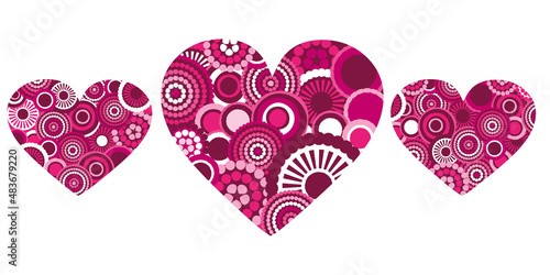 Whimsical hearts isolated on white background. Hearts with patterned doodles of pink, raspberry, fuchsia  and white colors. Set of decorative hearts for greeting card