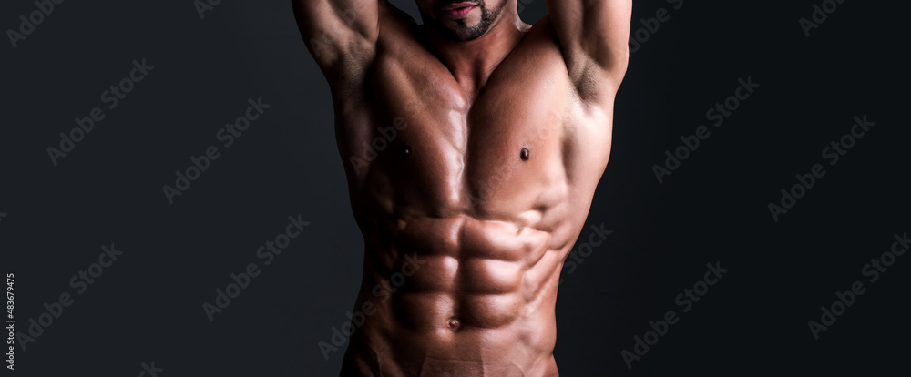 Banner templates with muscular man, muscular torso, six pack abs muscle. Muscle body of strong man.