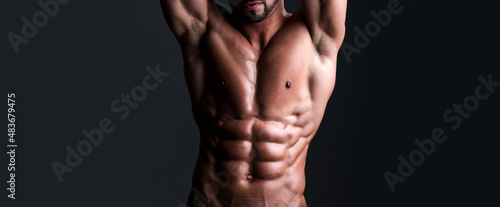 Banner templates with muscular man, muscular torso, six pack abs muscle. Muscle body of strong man. © Volodymyr