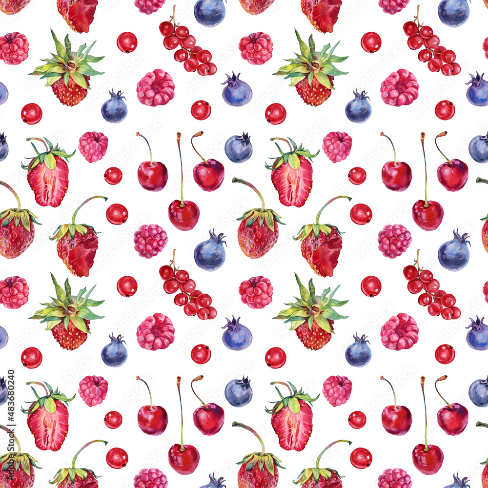 Seamless pattern watercolor strawberry cherry raspberry blueberry cranberry isolated on white background. Hand-drawn sweet summer slice berries food. Red fruit dessert for menu. Set for cookbook Seamless pattern watercolor strawberry cherry raspberry blueberry cranberry isolated on white background. Hand-drawn sweet summer slice berries food. Red fruit dessert for menu. Set for cookbook