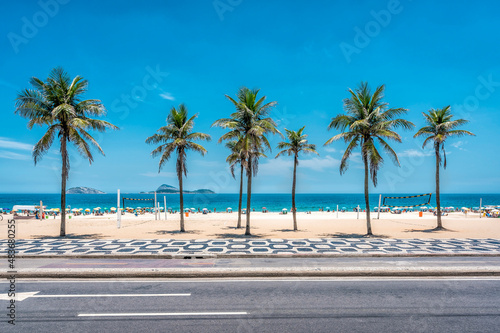 Palms on Ipanema Beach with blue sky, Rio de Janeiro, Brazil