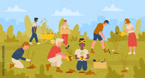 Gardeners people work in eco garden together vector illustration. Cartoon community of children and adults volunteers gardening, persons planting seedlings of trees in green summer or spring park