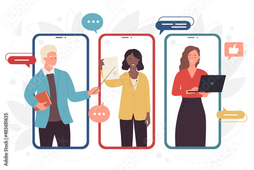 Teachers on screen of phone teaching vector illustration. Cartoon distance training with teacher or professor holding pointer and book, document and laptop for lesson. Online education concept