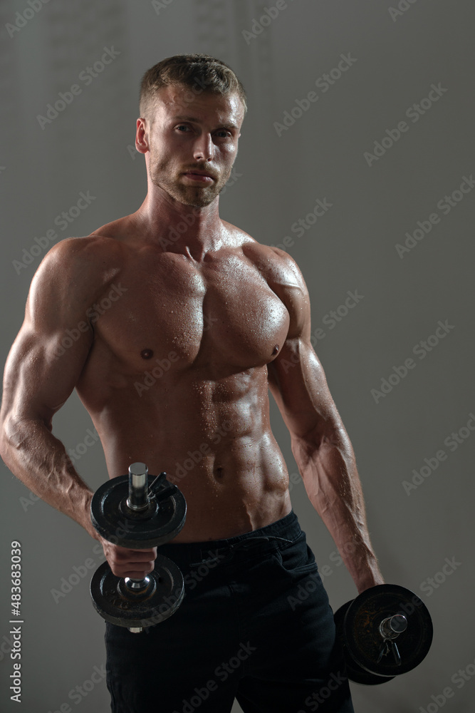 Sexy sporty torso, man with dumbbells. Strong muscular man. Workout lifestyle concept. Handsome man doing functional training workout. Sexy sporty torso, man with dumbbells. Strong muscular man. Workout lifestyle concept. Handsome man doing functional training workout.