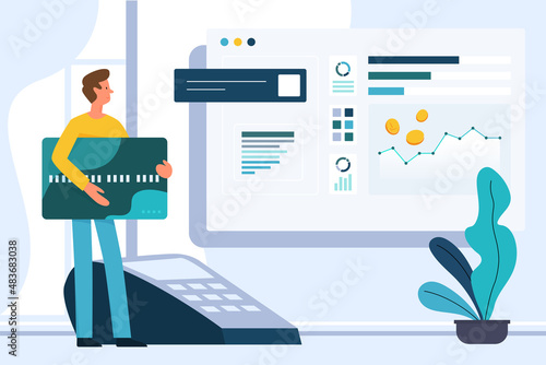 Exchange and trade on forex, currency market. Tiny person holding credit card, standing with POS terminal and money statistics on computer screen flat vector illustration. Finance, benefit concept