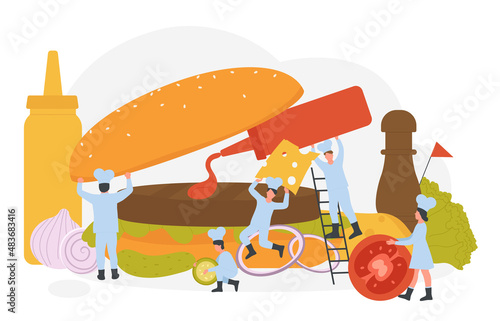 Cooking fast food burger menu in cafe or restaurant. Tiny chefs people cook hamburger with grilled meat, cheese, pickled cucumbers and lettuce flat vector illustration. Fastfood, profession concept