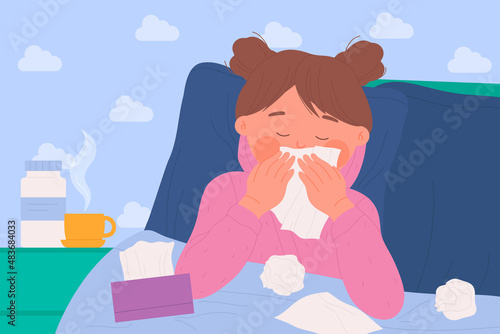 Sick cute little girl with cold flu, cough, sneeze or allergy vector illustration. Cartoon sad kid with runny nose holding handkerchief, cute little patient ill, child lying in home bed with rhinitis