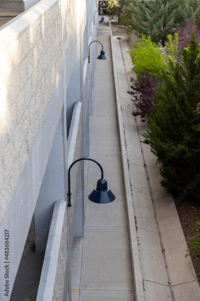 Obraz premium Concrete alley lined by shrubbery and lit with ornamental black lights
