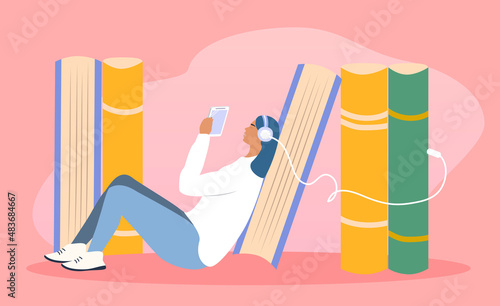 vector flat style illustration on the theme of audiobooks. a girl listens to a book through a smartphone in headphones. photo