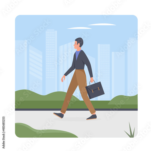 Walking business manager with briefcase going to work. Daily commuting travel to office center cartoon vector illustration