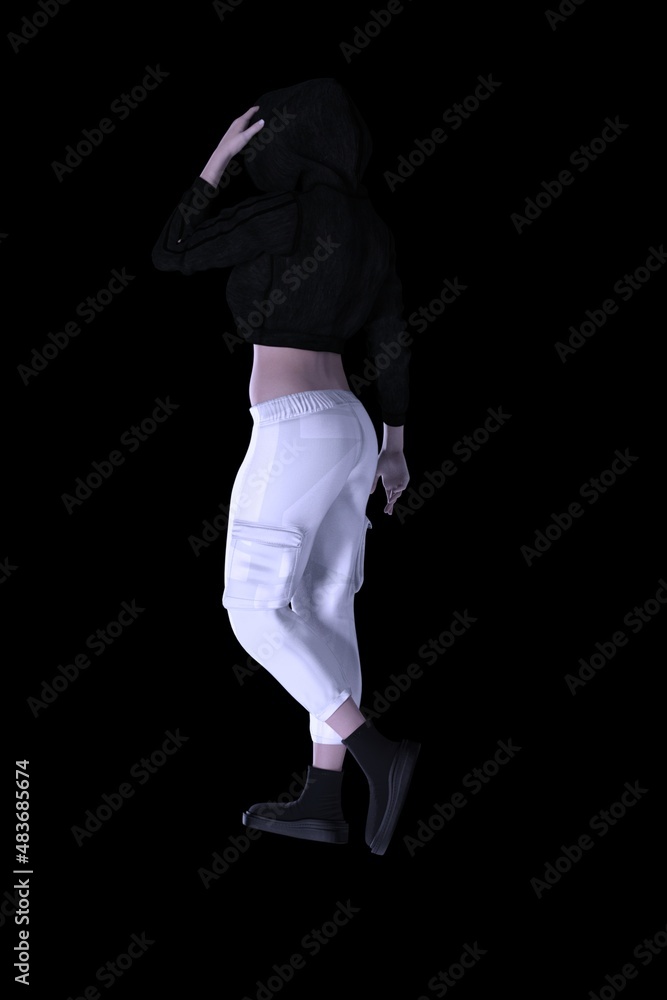 gorgeous young woman in sweatshirt and hoodie poses on white background 3D illustration