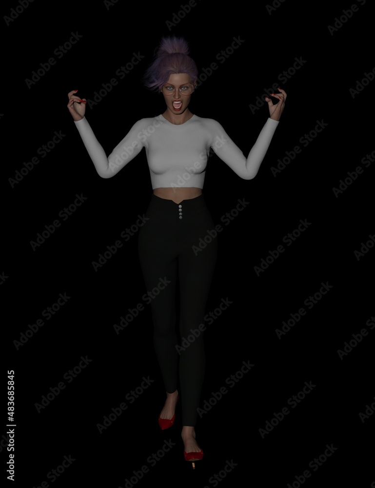 gorgeous young adult woman with glasses and purple hair poses on a white background. 3D illustration
