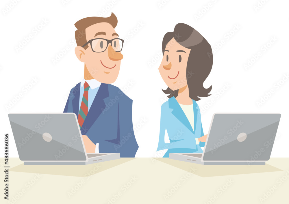 Two business person working on laptops. Look at each other and smile. Vector illustration in flat cartoon style. Two business person working on laptops. Look at each other and smile. Vector illustration in flat cartoon style.