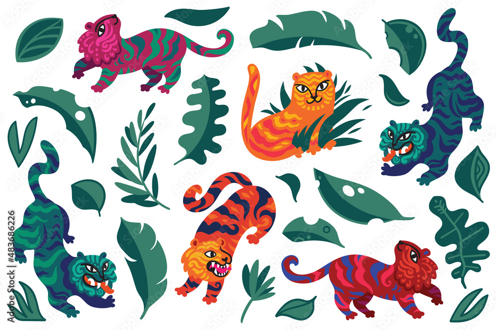 Chinese tigers characters with leaves and tropical elements. Vector illustration Chinese tigers characters with leaves and tropical elements. Vector illustration