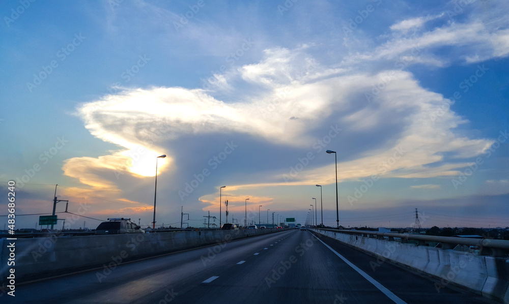 Fototapeta premium Sunset above high way , amazing sky color and cloud.