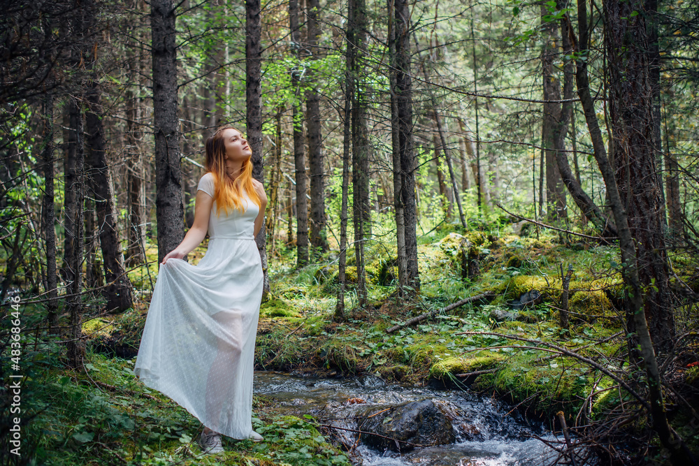 Young beautiful woman in white dress near icy stream on evergreen trees background in natural sunlight. Romantic nymph in summer forest. Young beautiful woman in white dress near icy stream on evergreen trees background in natural sunlight. Romantic nymph in summer forest.