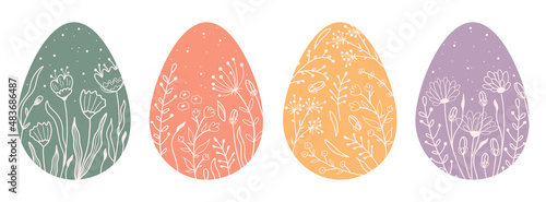 Set silhouettes Easter eggs with spring flowers, leafs and branch. Illustration colorful and minimalistic Easter eggs. Vector
