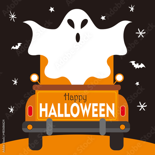 happy halloween card with ghost on the car