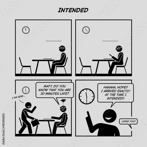 Funny comic strip. Intended. Business man late for meeting but he did it on purpose. Comic depicts late, unserious, unpunctual, and behind time.