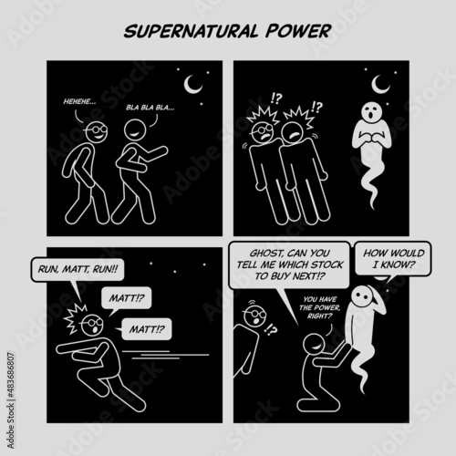 Funny comic strip. Supernatural power. Man asking ghost for stock market prediction and forecast. Comic depicts financial prediction and supernatural power.