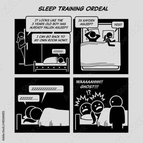 Funny comic strip. Sleep training ordeal. Mother training her child to sleep alone in the room. Comic depicts parenting, surprised, kid waking up in midnight.