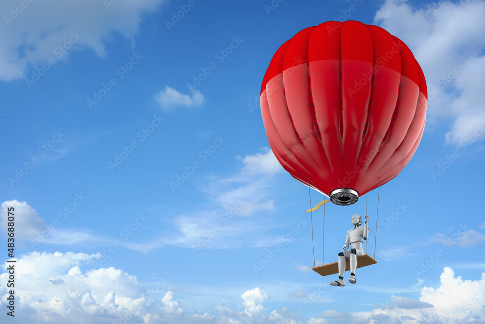 Fototapeta premium Robot on hot air balloon with swing fly in cloudy sky