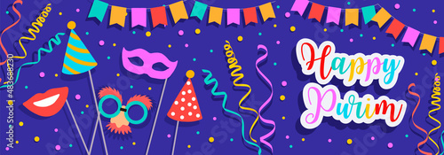 Banner for Jewish holiday Purim with masks and traditional props. Happy Purim wish, congratulations. Vector illustration